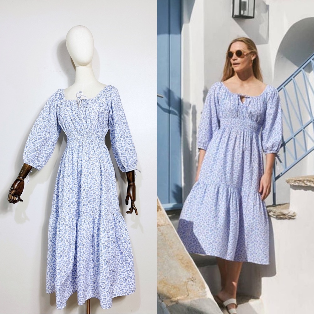Pink City Prints “Rah Rah” midi blue micro floral puff sleeve ruched dress